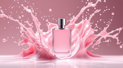 A pink perfume bottle stands amidst a dynamic splash of liquid, creating a luxurious and artistic scene