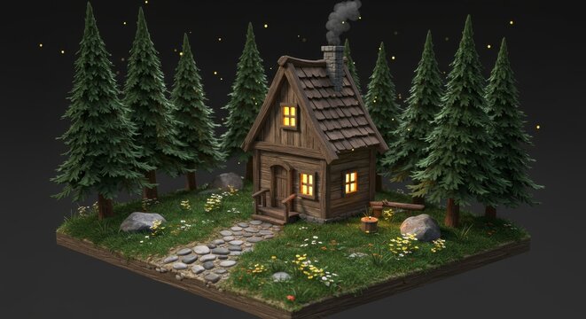 A cozy wooden cabin nestled in a forest clearing, smoke rising from the chimney, lights glowing warmly from the windows, surrounded by trees and wildflowers. - Powered by Adobe