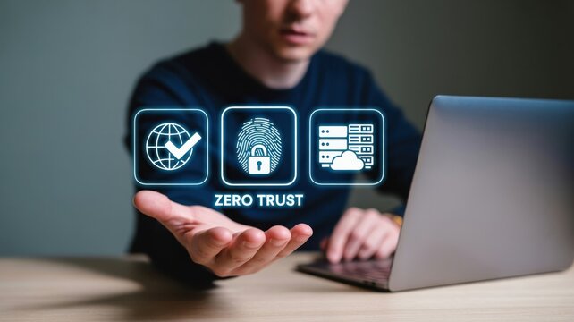 Advanced Zero Trust Security: A hand presenting a transparent screen with "ZERO TRUST" and icons for global verification, fingerprint ID, and cloud servers, illustrating robust cybersecurity measures.