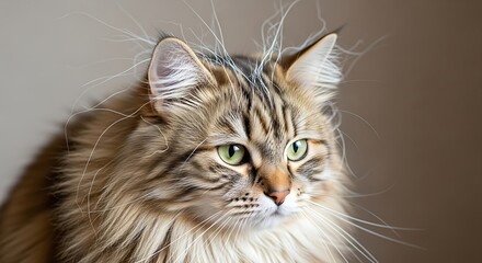 Portrait of a beautiful long-haired brown tabby cat with fluffy fur and green eyes.