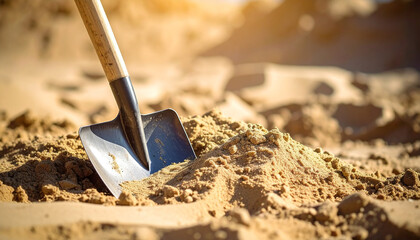 Metal shovel in pile of sand. Working tool. Construction or landscaping concept.