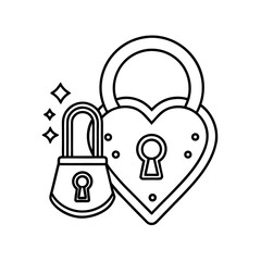 Two outline heart shaped padlocks and a smaller rectangular padlock isolated on white background...