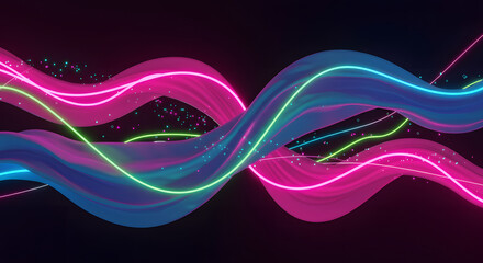 Entwined Neon Ribbons Flowing in the Dark Abstract Background with Sparkling Particles