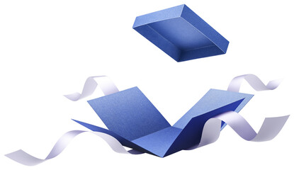 Surprise gift box, blue color open gift box with ribbon