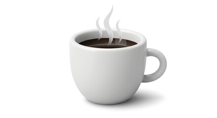 A white ceramic mug filled with dark, steaming liquid, likely coffee. Gentle wisps of vapor rise against a white background, casting a slight shadow