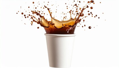 Splashing brown liquid from a white cup against a dark background&mdash;high-impact motion freeze with dynamic droplets.