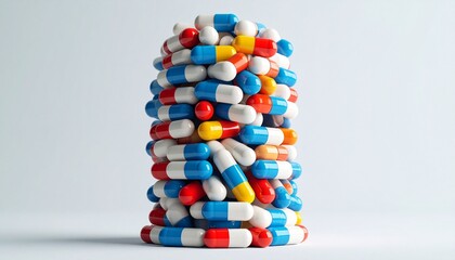 Vertical stack of colorful medicine capsules—red, blue, white, and yellow—arranged tightly in a cylindrical form on a neutral background.