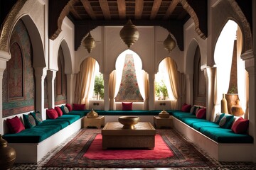 Moorish Arched Majlis - Classic & Unique Living Room Design Highlighting Horseshoe Arches, Geometric Patterns, Plush Floor Seating, and the Enchanting Elegance of Andalusian Heritage