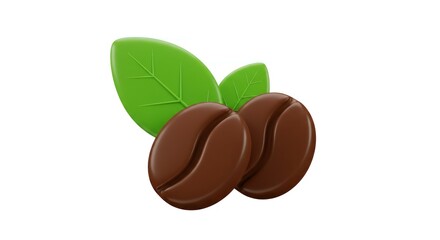 Rendered 3D image shows two brown coffee beans alongside two vibrant green leaves, all against a pristine white background