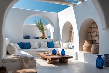 Greek Island Cycladic Lounge - Classic & Unique Living Room Design Showcasing Minimalist Stone Interiors, Natural Light, Built-In Seating, and Serene Charm of Mediterranean Architecture
