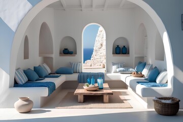 Greek Island Cycladic Lounge - Classic & Unique Living Room Design Featuring Whitewashed Walls, Curved Forms, Blue Accents, and the Breezy Simplicity of Aegean Coastal Living