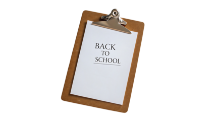 Back to school supplies checklist on clipboard for students and teachers organization and preparation isolated on transparent background