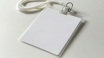 A blank white ID badge with a white lanyard and a silver clip