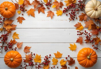 Rustic Autumn Harvest Frame: Pumpkins, Leaves & Pinecones on White Wood for Fall Decor & Thanksgiving Concepts