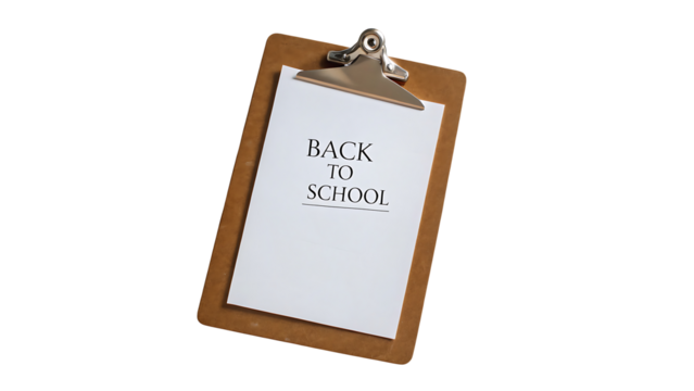 Back to school supplies checklist on clipboard for students and teachers organization and preparation isolated on transparent background