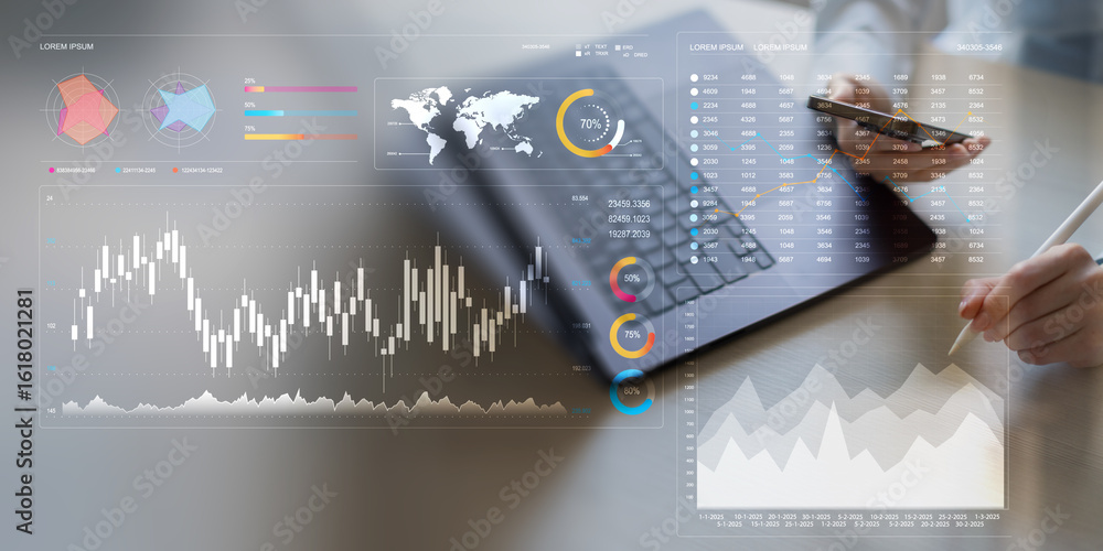 Poster analyzing financial data trends with interactive digital visualization tools.