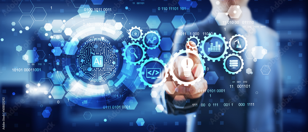 Poster ai-driven automation and innovation process illustrated on a digital interface.