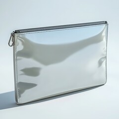 A silver metallic clutch bag with a black zipper and carabiner clip