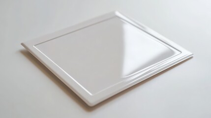 A square white plate angled on a white surface
