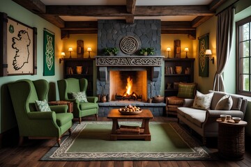 Celtic Hearth Room - Classic & Unique Living Room Design Featuring Hand-Carved Wood, Earthy Textures, and Ancient Celtic Motifs Blending Heritage and Warmth Beautifully
