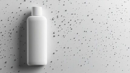 A white bottle with a textured cap sits on a surface covered in water droplets