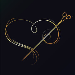 Hairstylist scissors piercing heart from hair curls, gold design for beauty salon