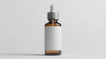 Amber glass dropper bottle with white label and ribbed silver cap