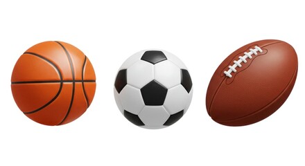 Three distinct athletic balls; a basketball, a soccer ball, and an American football, each rendered realistically and isolated against a white background