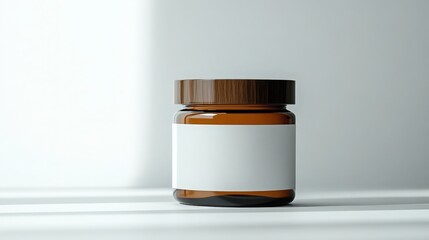Amber glass jar with white label and wooden lid on a white surface