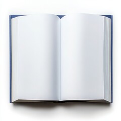An open blue hardcover book with blank white pages