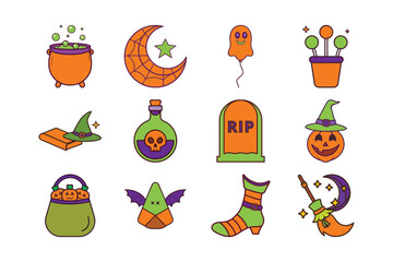 Cute Halloween Icon Set Colorful Vector Elements with Witch, Pumpkin, Ghost & Candy