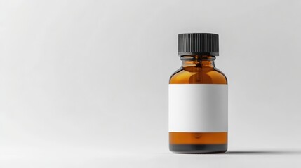 Amber glass dropper bottle with white label black cap on white background