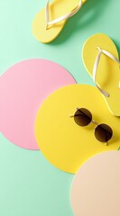 Yellow flipflops and round sunglasses are arranged on pink, yellow, and beige circles against a mint background