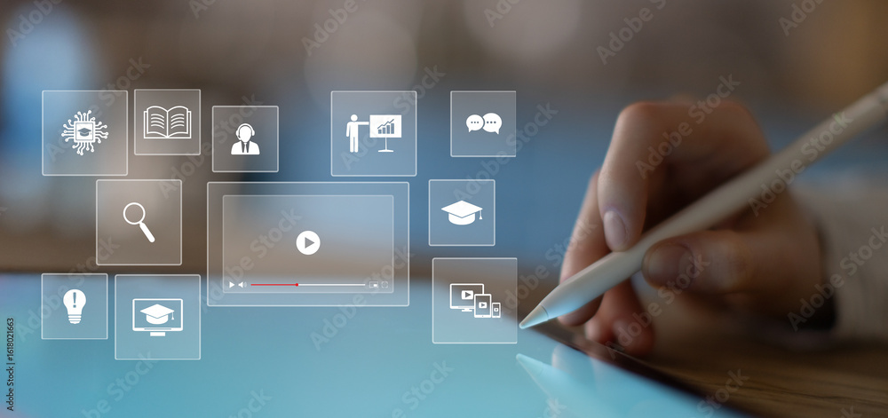 Poster digital learning and online video education platforms with interactive interface.