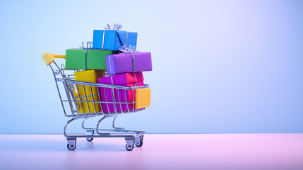 A shopping cart filled with vibrant gift boxes, illustrating the convenience of online shopping.