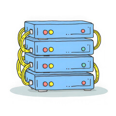 A stack of four blue servers connected by yellow cables, illustrating a data center setup isolated on transparent background