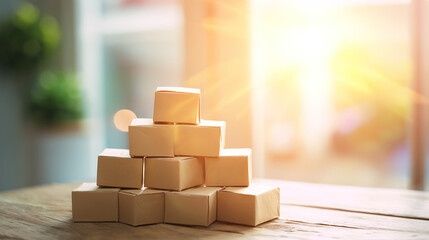 Artistic pyramid of delivery boxes on a wooden table, evoking the convenience of online shopping.