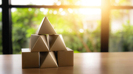 Artistic pyramid of delivery boxes on a wooden table, evoking the convenience of online shopping.