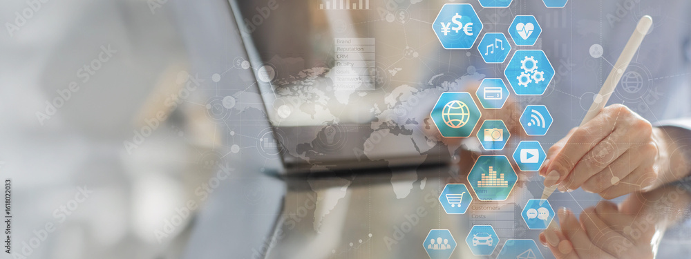 Poster digital interaction and data visualization for business insights on a wide banner, business and tech