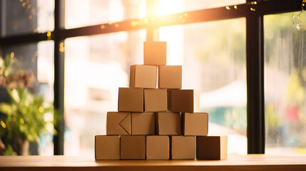 Artistic pyramid of delivery boxes on a wooden table, evoking the convenience of online shopping.