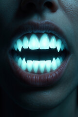 Nighttime Horror Concept Featuring Glowing Fanged Smile

Illuminated Monster Mouth with Sharp Teeth in Darkness