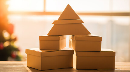 Artistic pyramid of delivery boxes on a wooden table, evoking the convenience of online shopping.