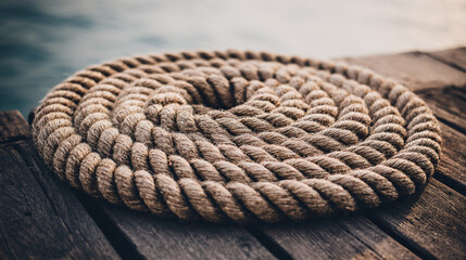 Close-up of a thick coiled rope on a weathered wooden dock, symbolizing unity with soft morning light.