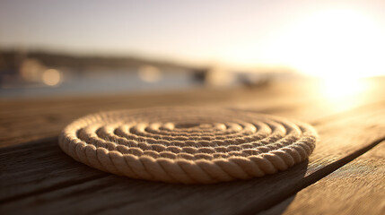 Close-up of a thick coiled rope on a weathered wooden dock, symbolizing unity with soft morning light.