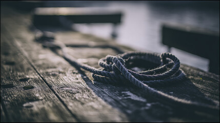 Close-up of a thick coiled rope on a weathered wooden dock, symbolizing unity with soft morning light.