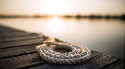 Close-up of a thick coiled rope on a weathered wooden dock, symbolizing unity with soft morning light.