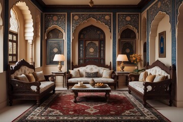 Mughal Drawing Room with Inlay Motifs – Classic Living Room Design Showcasing Timeless Elegance with Stone Inlays, Ornamental Niches, and Handcrafted Artisan Details