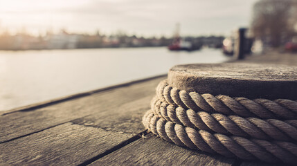 Close-up of a thick coiled rope on a weathered wooden dock, symbolizing unity with soft morning light.