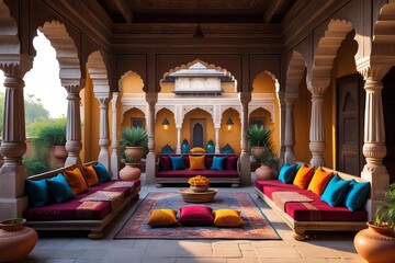Rajasthani Courtyard Living Room – Classic Living Room Design Infused with Hand-Painted Walls, Jharokha Windows, and Traditional Pillars Framing a Warm, Regal Ambience
