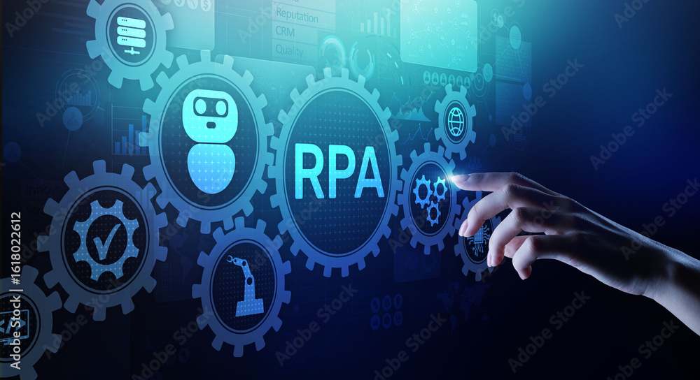 Poster rpa robotic process automation innovation technology concept on virtual screen.